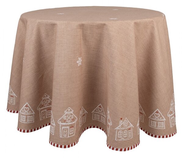 Hnědý kulatý ubrus s perníkovými chaloupkami Gingerbread Bliss - Ø 170 cm - Clayre & Eef