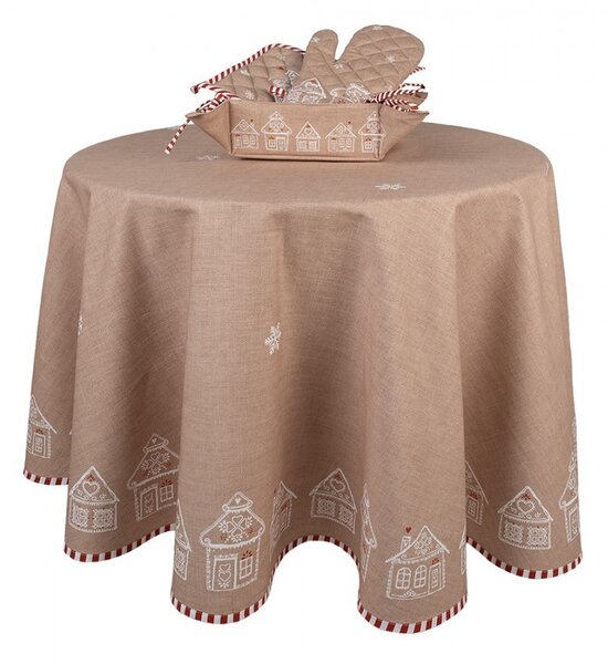 Hnědý kulatý ubrus s perníkovými chaloupkami Gingerbread Bliss - Ø 170 cm - Clayre & Eef