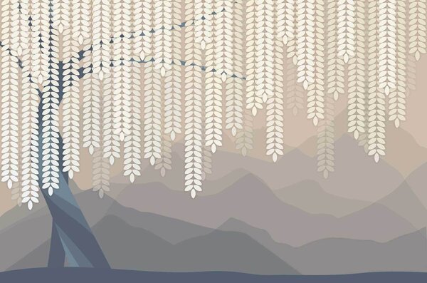 Fototapety stylizovaný vrbový strom s visícími listy na pozadí minimalistických hor v odstínech béžové a, Fototapety příroda, w05232 : uwalls.cz