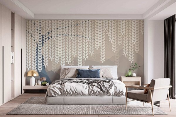 Fototapety stylizovaný vrbový strom s visícími listy na pozadí minimalistických hor v odstínech béžové a, Fototapety příroda, w05232 : uwalls.cz