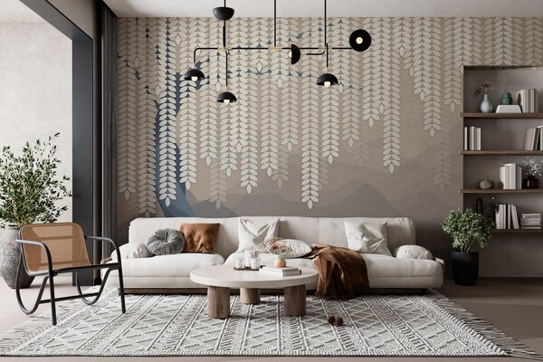 Fototapety stylizovaný vrbový strom s visícími listy na pozadí minimalistických hor v odstínech béžové a, Fototapety příroda, w05232 : uwalls.cz