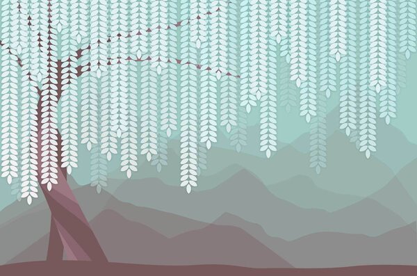 Fototapety stylizovaný vrbový strom s visícími listy na pozadí minimalistických hor v odstínech čokolády, Fototapety příroda, w05232v1 : uwalls.cz