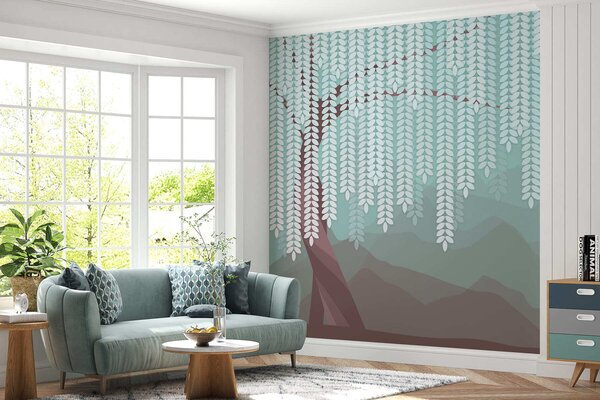 Fototapety stylizovaný vrbový strom s visícími listy na pozadí minimalistických hor v odstínech čokolády, Fototapety příroda, w05232v1 : uwalls.cz