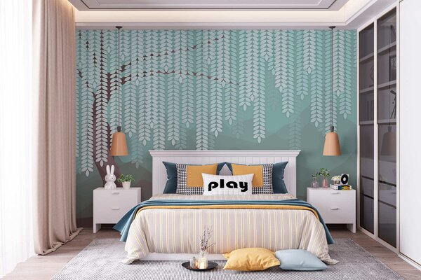 Fototapety stylizovaný vrbový strom s visícími listy na pozadí minimalistických hor v odstínech čokolády, Fototapety příroda, w05232v1 : uwalls.cz