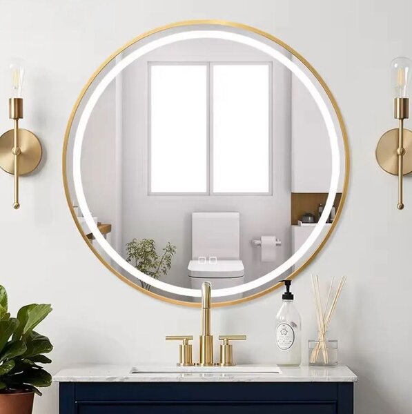 Rea Rea, nástěnné LED zrcadlo, kulaté, 80cm, zlatý rám, HOM-02503