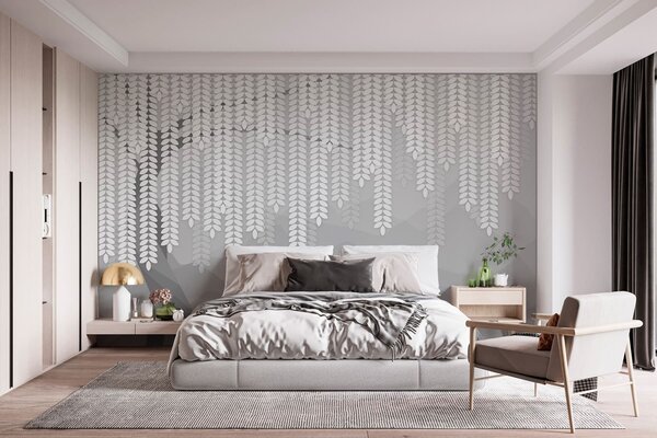 Fototapety stylizovaný vrbový strom s visícími listy na pozadí minimalistických hor v odstínech šedé, Fototapety příroda, w05232v3 : uwalls.cz