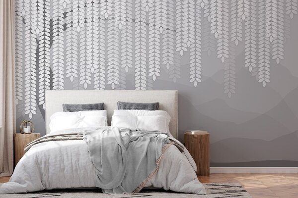 Fototapety stylizovaný vrbový strom s visícími listy na pozadí minimalistických hor v odstínech šedé, Fototapety příroda, w05232v3 : uwalls.cz