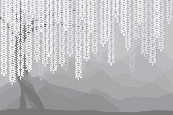 Fototapety stylizovaný vrbový strom s visícími listy na pozadí minimalistických hor v odstínech šedé, Fototapety příroda, w05232v3 : uwalls.cz