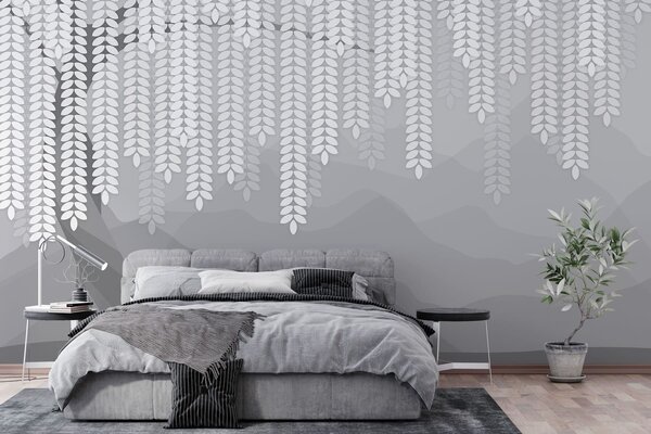 Fototapety stylizovaný vrbový strom s visícími listy na pozadí minimalistických hor v odstínech šedé, Fototapety příroda, w05232v3 : uwalls.cz