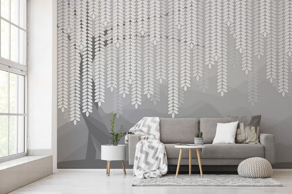 Fototapety stylizovaný vrbový strom s visícími listy na pozadí minimalistických hor v odstínech šedé, Fototapety příroda, w05232v3 : uwalls.cz