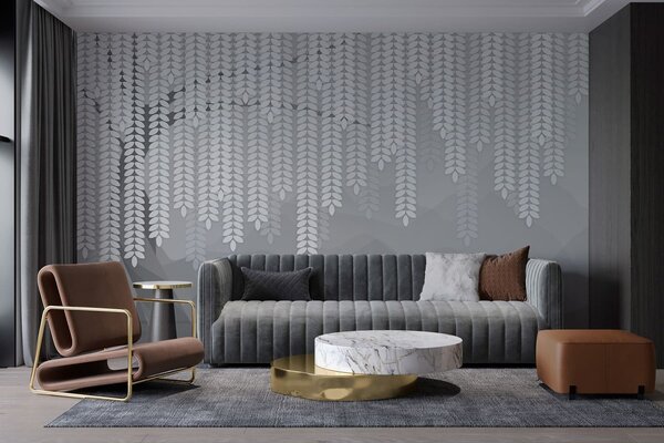 Fototapety stylizovaný vrbový strom s visícími listy na pozadí minimalistických hor v odstínech šedé, Fototapety příroda, w05232v3 : uwalls.cz