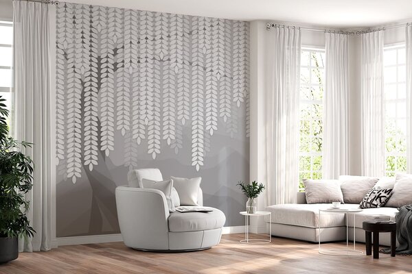 Fototapety stylizovaný vrbový strom s visícími listy na pozadí minimalistických hor v odstínech šedé, Fototapety příroda, w05232v3 : uwalls.cz
