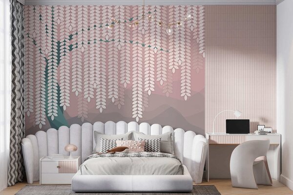 Fototapety stylizovaný vrbový strom s visícími listy na pozadí minimalistických hor v odstínech růžové a, Fototapety příroda, w05232v4 : uwalls.cz