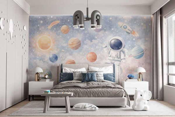 Fototapety malý astronaut mezi planetami a hvězdami, Tapety Unikátní, w05233 : uwalls.cz