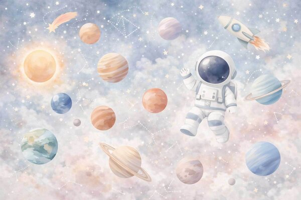 Fototapety malý astronaut mezi planetami a hvězdami, Tapety Unikátní, w05233 : uwalls.cz