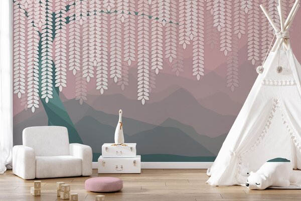 Fototapety stylizovaný vrbový strom s visícími listy na pozadí minimalistických hor v odstínech růžové a, Fototapety příroda, w05232v4 : uwalls.cz