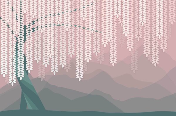 Fototapety stylizovaný vrbový strom s visícími listy na pozadí minimalistických hor v odstínech růžové a, Fototapety příroda, w05232v4 : uwalls.cz