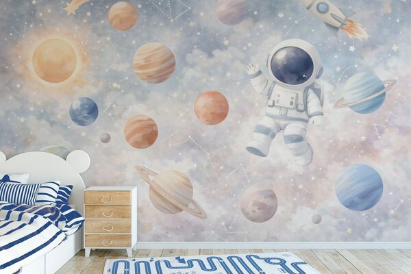 Fototapety malý astronaut mezi planetami a hvězdami, Tapety Unikátní, w05233 : uwalls.cz