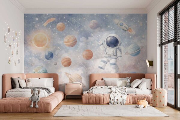 Fototapety malý astronaut mezi planetami a hvězdami, Tapety Unikátní, w05233 : uwalls.cz