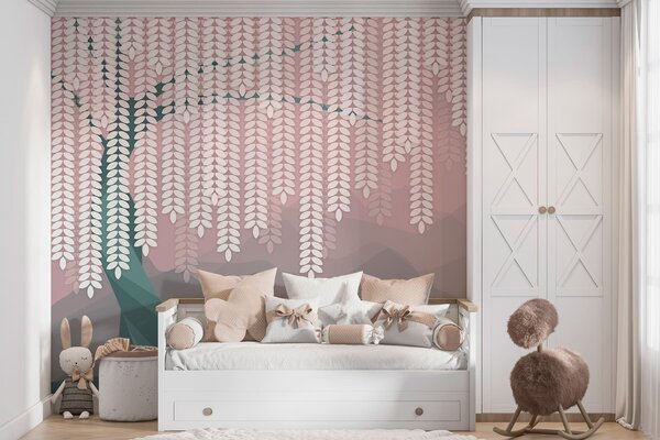 Fototapety stylizovaný vrbový strom s visícími listy na pozadí minimalistických hor v odstínech růžové a, Fototapety příroda, w05232v4 : uwalls.cz
