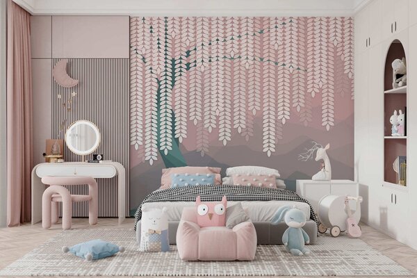 Fototapety stylizovaný vrbový strom s visícími listy na pozadí minimalistických hor v odstínech růžové a, Fototapety příroda, w05232v4 : uwalls.cz