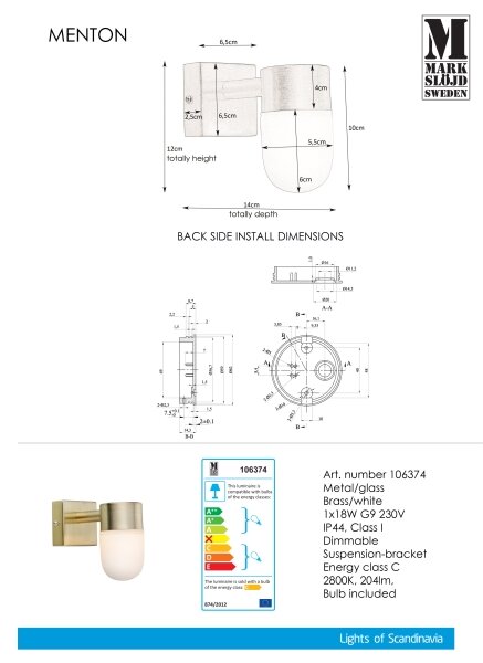 Markslöjd 106374 - Koupelnové nástěnné svítidlo MENTON 1xG9/18W/230V IP44