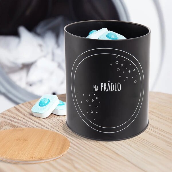 Orion Dóza plechová, černá, s bambusovým víkem, NA PRÁDLO, 3,3L