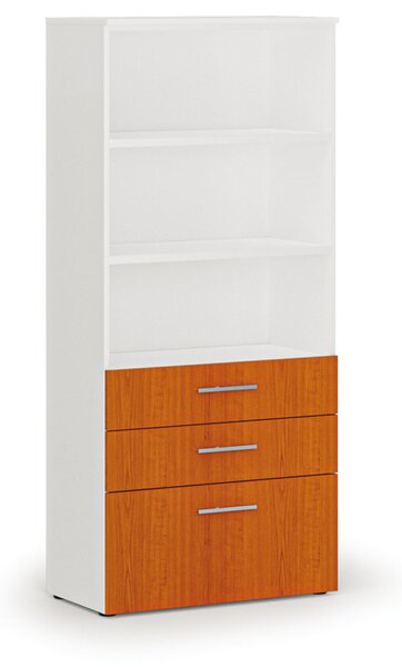 Kancelářská skříň s kombinovanými zásuvkami PRIMO WHITE, 800 x 420 x 1781 mm, bílá/třešeň