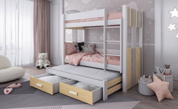 Patrová postel pro tři 80x180 ELVA 2 - bílá / dub olejovaný, pravé provedení