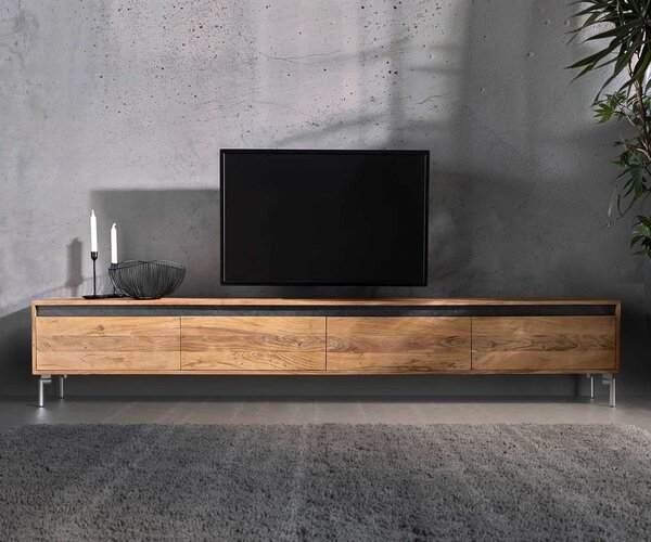 DELIFE TV stolek Stonegrace 240 cm akácie přírodní 4 dvířka noha oválná nerezová ocel