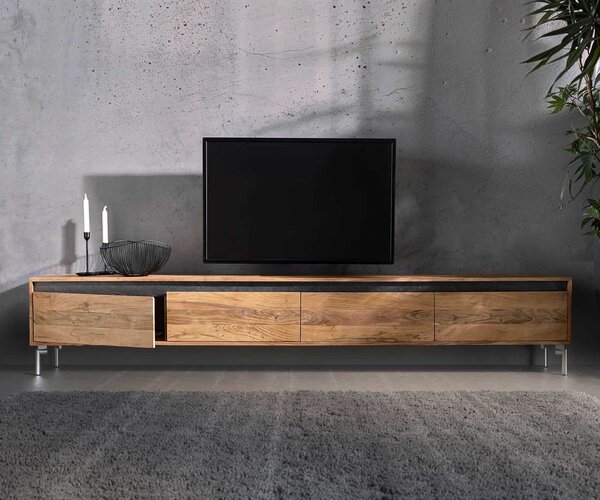 DELIFE TV stolek Stonegrace 240 cm akácie přírodní 4 dvířka noha oválná nerezová ocel