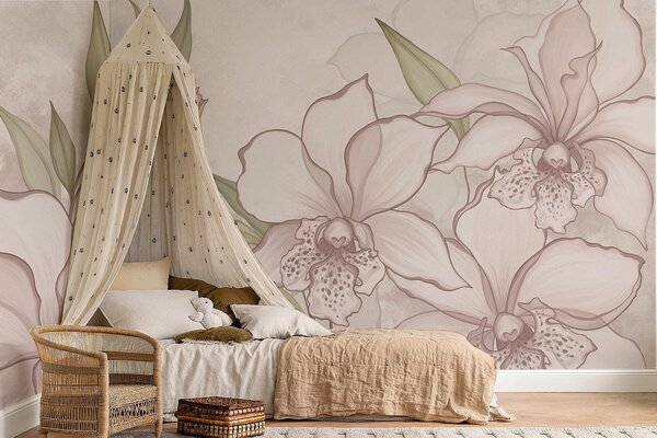 Fototapety Ilustrace bledých orchidejí s listy na béžovém pozadí, Fototapety květiny, w05117 : uwalls.cz