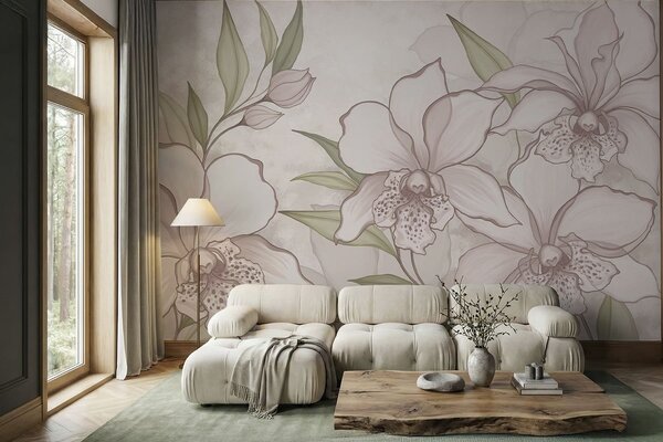 Fototapety Ilustrace bledých orchidejí s listy na béžovém pozadí, Fototapety květiny, w05117 : uwalls.cz