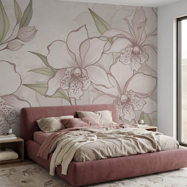 Fototapety Ilustrace bledých orchidejí s listy na béžovém pozadí, Fototapety květiny, w05117 : uwalls.cz