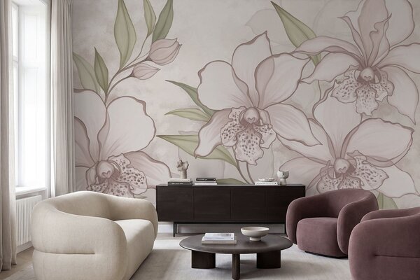 Fototapety Ilustrace bledých orchidejí s listy na béžovém pozadí, Fototapety květiny, w05117 : uwalls.cz
