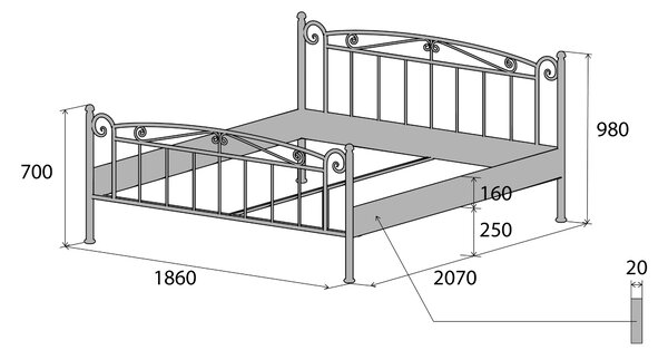 Česká Kovová postel VIKTORIE Barevne provedení: stříbrná RAL 9006, Rozměr: 80 x 200 cm