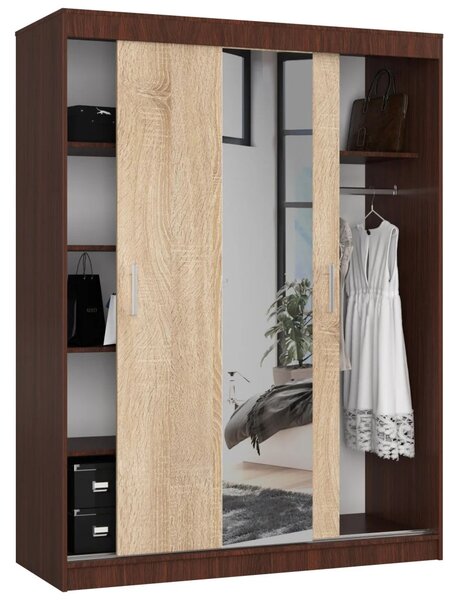 Prostorná šatní skříň 150 cm VALESTRA se zrcadly - wenge / dub sonoma