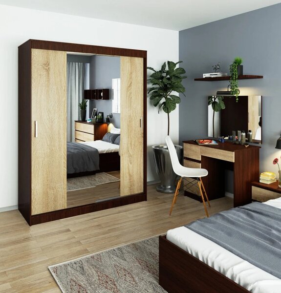 Prostorná šatní skříň 150 cm VALESTRA se zrcadly - wenge / dub sonoma