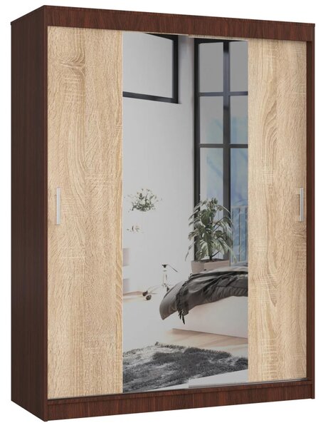 Prostorná šatní skříň 150 cm VALESTRA se zrcadly - wenge / dub sonoma