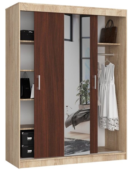 Prostorná šatní skříň 150 cm VALESTRA se zrcadly - dub sonoma / wenge