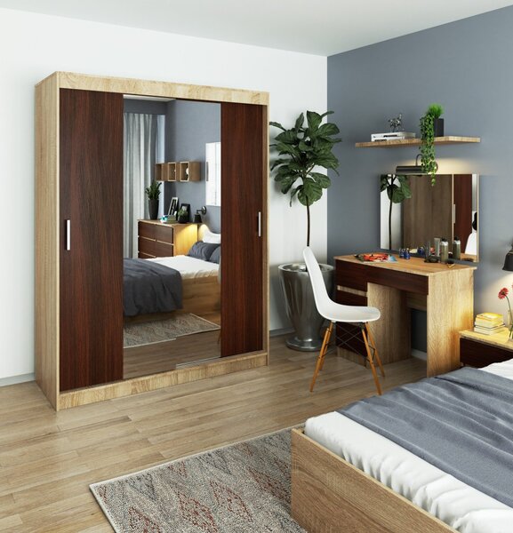 Prostorná šatní skříň 150 cm VALESTRA se zrcadly - dub sonoma / wenge