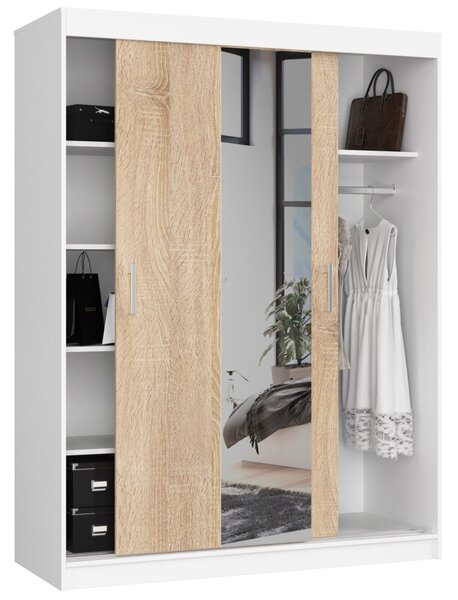 Prostorná šatní skříň 150 cm VALESTRA se zrcadly - bílá / dub sonoma
