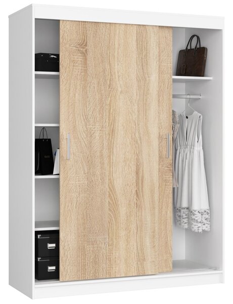 Prostorná šatní skříň 150 cm VALESTRA - bílá / dub sonoma