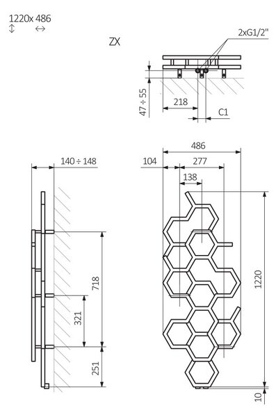 Terma Hex 1220x486 vodní radiátor RAL 9016 ZX