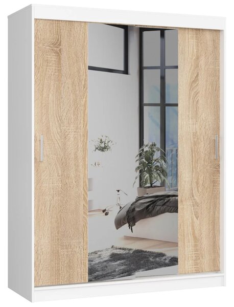 Prostorná šatní skříň 150 cm VALESTRA se zrcadly - bílá / dub sonoma