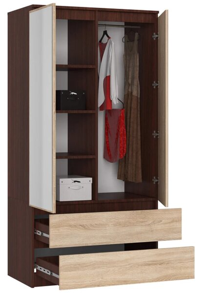 Šatní skříň se šuplíky a zrcadly 90 cm LOTA - wenge / dub sonoma