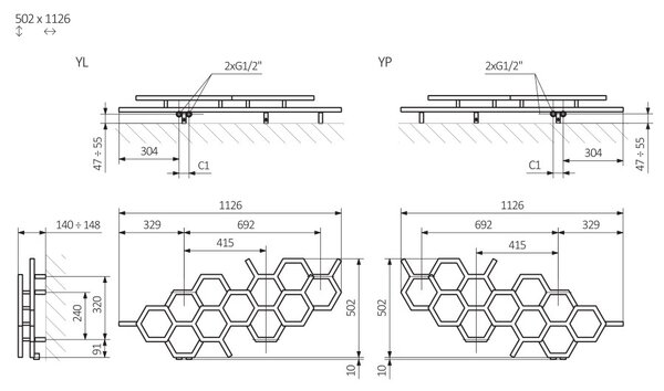 Terma Hex 502x1126 vodní radiátor RAL9005 Pololesk YL