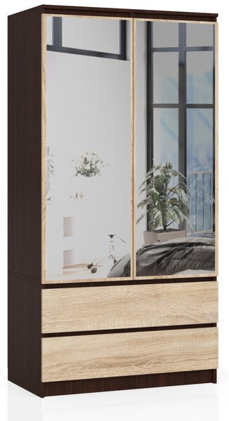 Šatní skříň se šuplíky a zrcadly 90 cm LOTA - wenge / dub sonoma