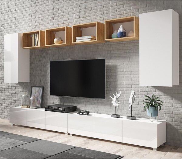 Obývací stěna CALABRINI b | 300 cm | 8 dílů T | bílá lesk