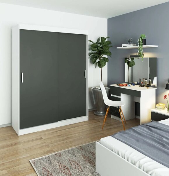 Prostorná šatní skříň 150 cm VALESTRA - bílá / tmavě šedá
